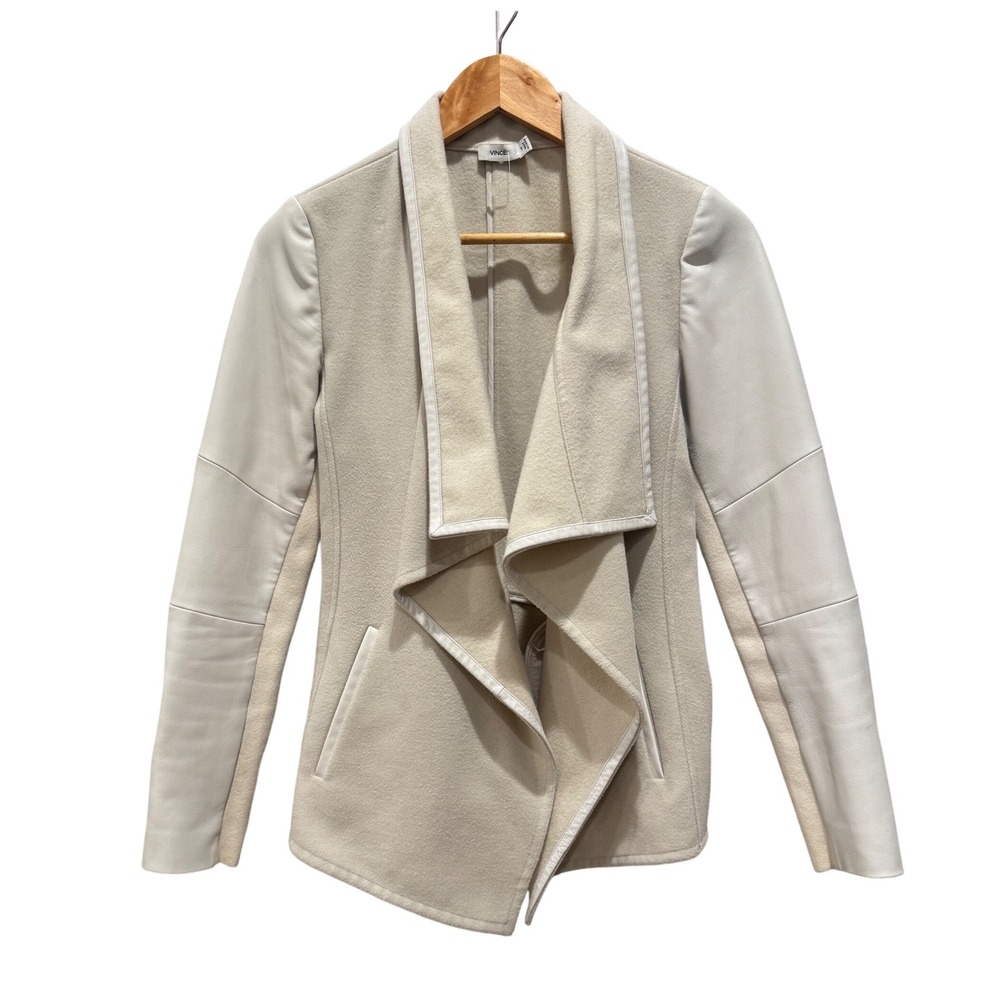 Vince Drape Front Wool Jacket Lamb Leather Sleeves XS Neutral Coat Minimalist‎ - Picture 2 of 8